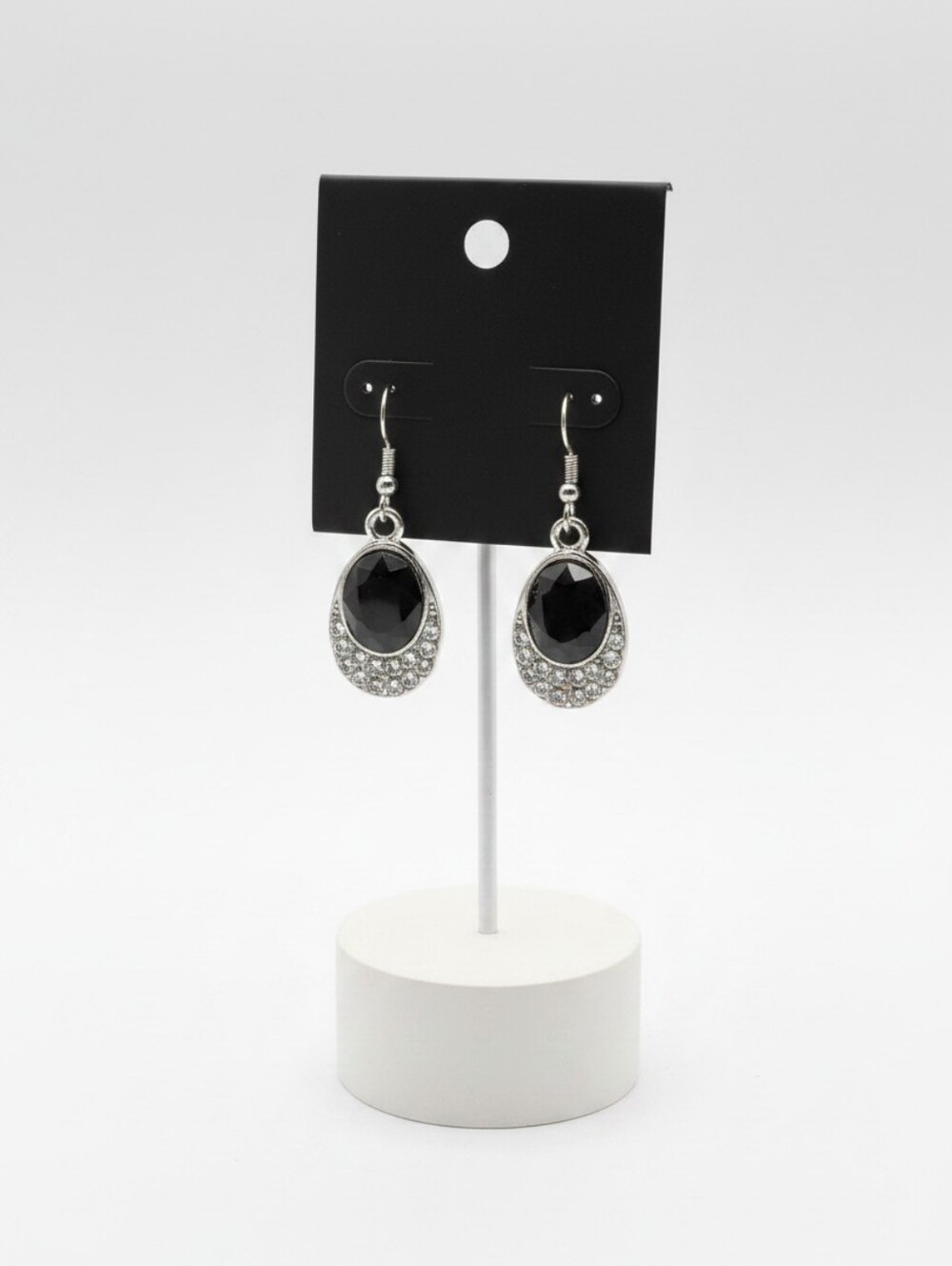 Black and Silver Teardrop Earrings with Filigree Design
